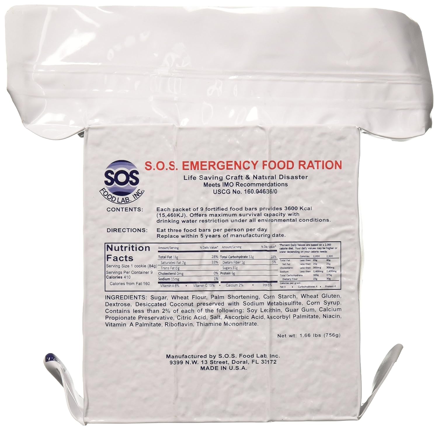 SOS Food Labs, Inc. 185000825 S.O.S. Rations Emergency 3600 Calorie Food bar - 3 Day/ 72 Hour Package with 5 Year Shelf Life, 5 Height, 2 Wide, 4.5 Length